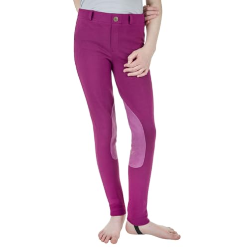 TuffRider Children's Starter Lowrise Pull-On Jods | Children UltraGripp Knee Patch Horse Riding Pants | Children's Equestrian Schooling Tights (US - 14 / UK - 18, Plum Caspia)