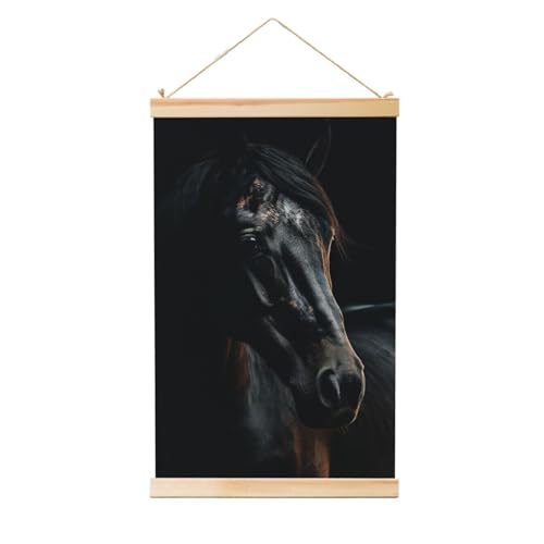 Poster cheval noir 91x61 cm avec cadre en bois suspendu LHCVSFGW