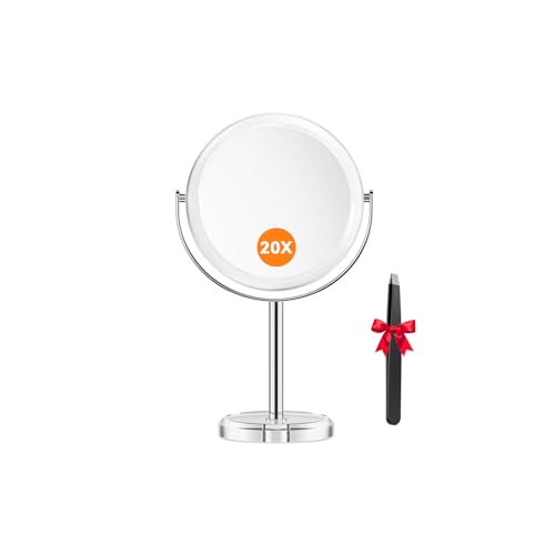 Auxmir 20X Magnifying Vanity Mirror with Tweezers, 6.8'' Double Sided 20X/1X Magnifying Makeup Mirror with Stand, 360° Rotation Bathroom Vanity Mirror for Shaving, Dressing Table, Desktop, Bedroom