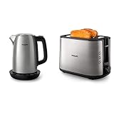 Philips Domestic Appliances HD9359/90 Wasserkocher, Edelstahl, 1.7 L & HD2650/90 Toaster Edelstahl (950W, 8 Bräunungsstufen, Brötchenaufsatz, Auftau- und Aufwärmfunktion, Stopp-Taste, Liftfunktion)