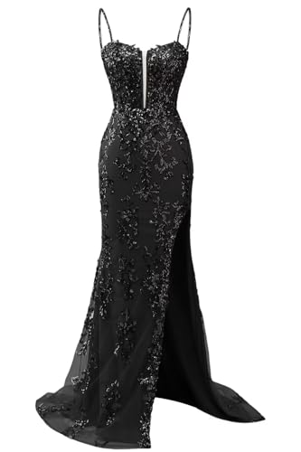 Lace Applicque Spaghetti Strap Prom Dresses with Slit Sexy Tulle Mermaid Long Ball Gown for Women DI015