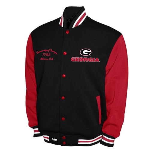 2Bhip NCAA Georgia Bulldogs Varsity Jacket - Mens Black/Red Fleece Snap-up Letterman Jackets - Everyday Outwear