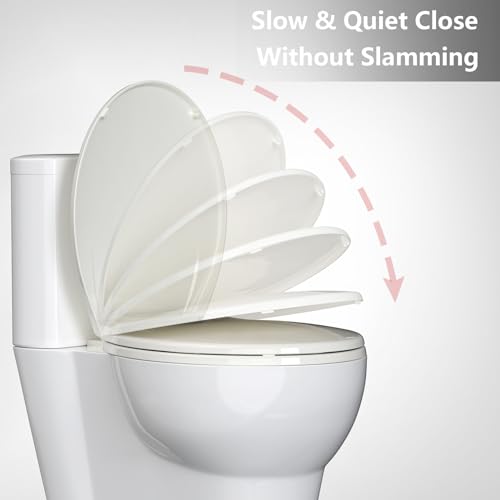 Round Toilet Seat, Slow Close Toilet Cover Seat for Easy Clean and Stain-Resistant, Plastic Toilet Seat With Cover, Quick-Release Hinges and Quick-Attach Hardware,Biscuit