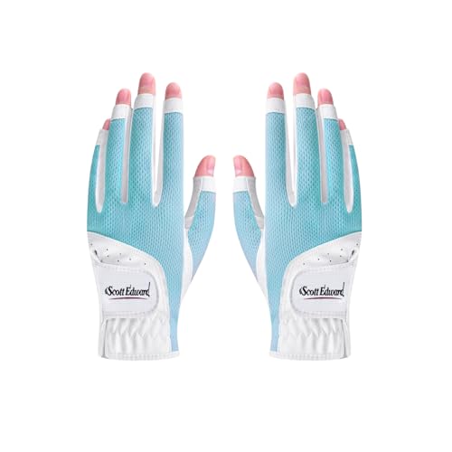 Scott Edward 1 Pair Open-Finger Women's Golf Gloves 2 Pack Left Right Hand Lady Fingerless Golf Gloves PU and Microfiber Breathable Mesh Fabric Cool and Comfortable 17-XS Blue
