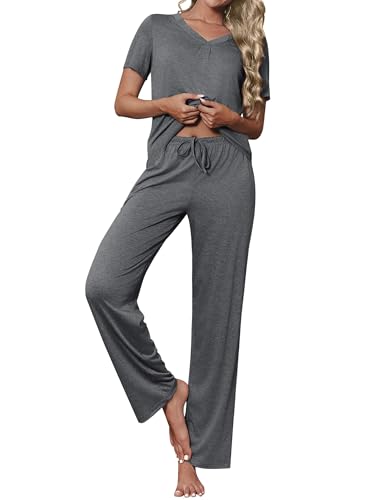 Image of Ekouaer Women's Pajamas Set Soft 2 Piece Lounge Sets V-neck Sleepwear Short Sleeve Top Pants with Pockets