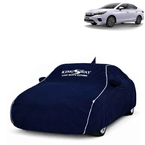 Image of KINGSWAY Super Waterproof Car Cover Only with Honda City (Year 2020 to 2022 - All Model) | Mirror and Antenna Pockets | All Weather Car Body Cover with Silver Piping | Blue
