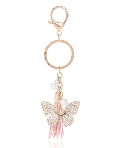 Juicy Couture Butterfly Keychain for Women with Clear Crystals, Cute Key Chain with Pink Tassel and Faux Pearls