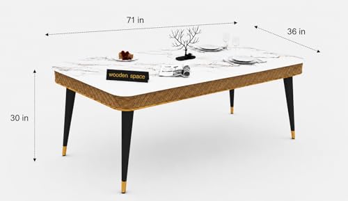 Image of WOODEN SPACE 6-Seater Wooden Dining Table Set | Nano Composite Marble Top | Solid Wood Base | Modern Dining Room Furniture with 6 Chairs (Brown Modern Vento)
