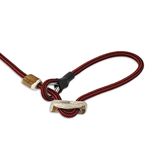 Hundeleine mit Halsband 6mm | Moxonleine Retrieverleine Agilityleine | Mit Zugbegrenzung, Zugstopp aus Hirschhorn (Rot-Schwarz, 130 cm)
