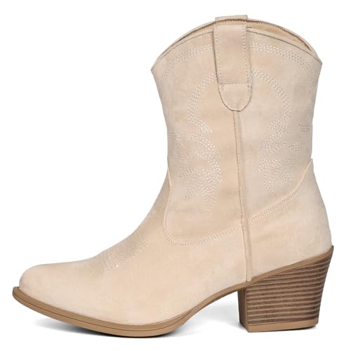 Image of IXU Cowboy Boots for Women Ankle Cowgirl Booties Wide Mid Calf Pointed Toe Western Boots Short Chunky Classic Booties