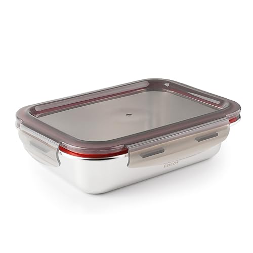 LACOR - 64619 - Recipiente para alimentos rectangular Ecoinox, Acero inoxidable 18/10, 820 ml, Apto para microondas, horno, congelador y lavavajillas, Hermético, 4 Cierres de clip, BPA Free