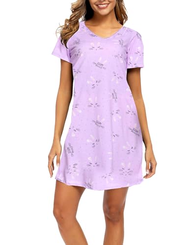 Image of ENJOYNIGHT Womens Cotton Nightgown Short Sleeve Sleepshirt Print Nightshirt | Short-Sleeve Crew Neck, Soft Cotton Fabric, Cartoon Printed Sleep Shirt, Loose Fit