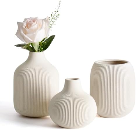 Modern Beige Ceramic Vase Set of 3, Ribbed Texture Boho Minimalis...