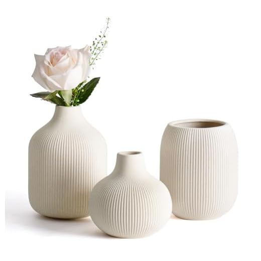 Dnnnii Modern Beige Ceramic Vase Set of 3, Ribbed Texture Boho Minimalist Home Decor, Small Decorative Vases for Centerpiece, Shelf, Tabletop - Aesthetic Touch for Neutral & Transitional Spaces