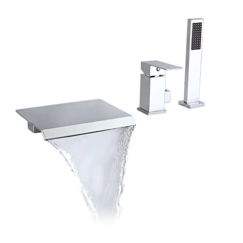 Mélangeur baignoire cascade 5 trous pont avec douchette à main laiton chromé et 3 manettes carrées