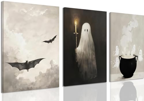 Fall Halloween Wall Art Set of3, Vintage Halloween Ghosts Canvas