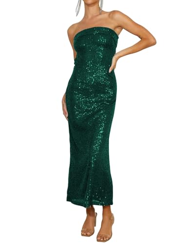 Image of Women Strapless midi Sequin Dresses Bodycon Sleeveless Wedding Guest Sparkly Glitter Formal Cocktail Dress