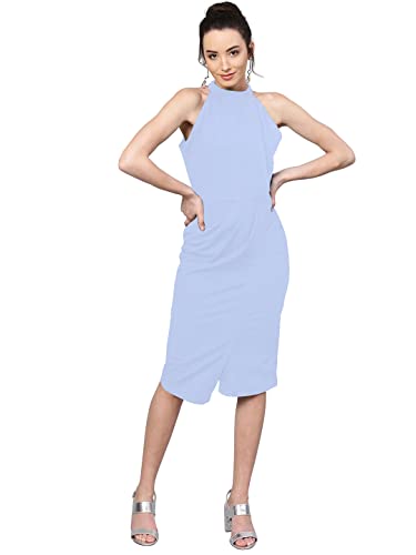 Image of Shasmi Women's Comfortable Red Halter Neck Sleeveless Solid Midi Bodycon Casual Western Stylish Dress