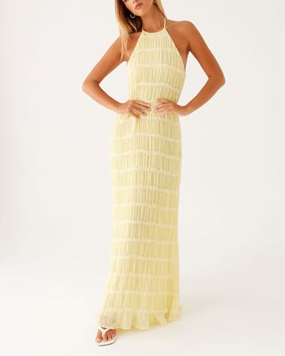 Women Halter Flowy Vacation Long Dress Sexy Sheer Ruched Backless Dress Y2k Sleeveless Beach Tiered Maxi Sundresses2