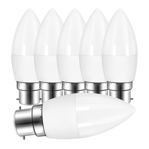 Ddlisu B22 Bayonet 5W (40W Equivalent) LED Candle Light Bulbs 2700K Warm White Energy Saving 450LM Type B Candle Bulbs Small Bayonet for Ceiling Fan Non-Dimmable 6PCS