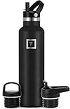 IRON °FLASK Camping & Hiking Hydration Canteens - 3 Lids (Narrow Straw Lid) Leak Proof Vacuum Insulated Stainless Steel - Hot & Cold Double Walled Sports Water Bottle - Midnight Black, 24 Oz
