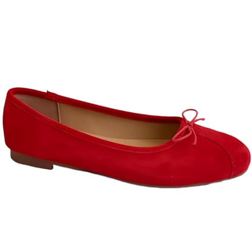 Casual Patchwork-Designed Ballet Flats for Women with Bow Slip-on Low-Cut Genuine Leather Mary Janes Shoes Lightweight & Soft-Surfaced