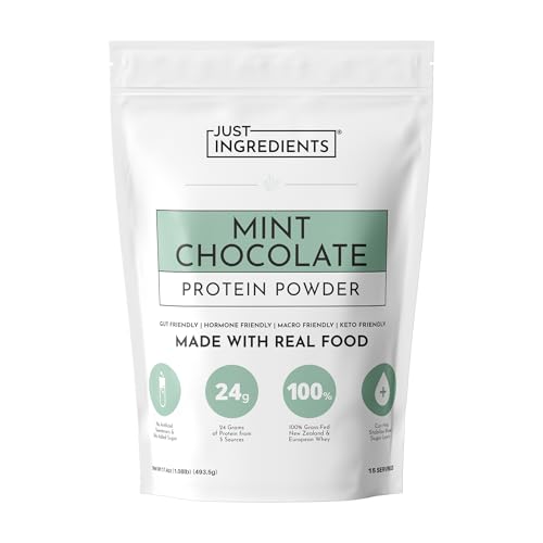 JUST INGREDIENTS Mint Chocolate Protein Powder | 15 Servings | 24g Grass-Fed New Zealand and Irish Whey + 4 Additional Protein Sources | No Added Sugar | No Synthetic Gums or Fillers