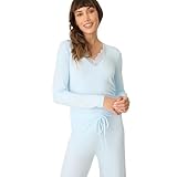 P.J. Salvage Womens Lacey Basics Long Sleeve Top with Lace Collar, Blue Haze, Large