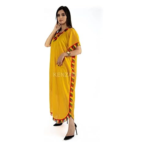 Moroccan Women Caftan Handmade Fits S To L Beach Cover up Made in Morocco by Kenzadi (Yellow) Cover