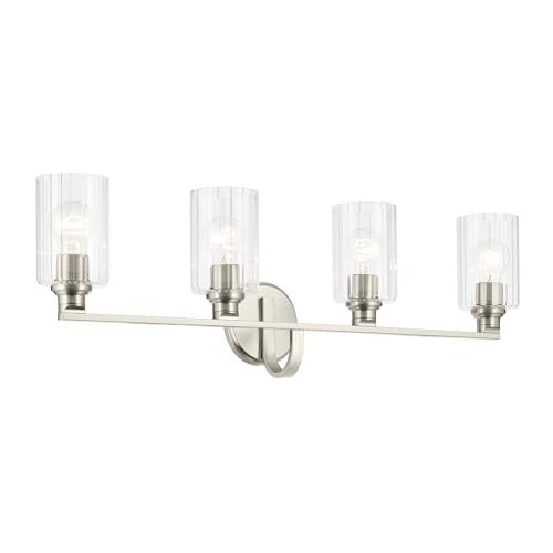 Image of Kichler Gioe 32.25 inch 4-Light Bathroom Vanity Light Fixture with Clear Fluted Glass in Brushed Nickel, Damp Rated for Bathroom, Powder Room, Over Mirror (32.25 inch W x 10.5 inch H), 55227NIFLU