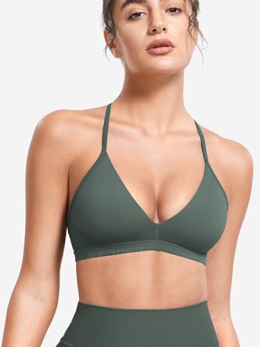 Image of YEOREO CoreFlex Sports Bras for Women Strappy Padded Halter Open Back Light Impact Deep V Neck Yoga Workout Gym Tops