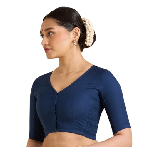 Image of Studio Shringaar Women's Thick Handloom Cotton Plain Side Stretch (Smocked) Readymade Saree Blouse