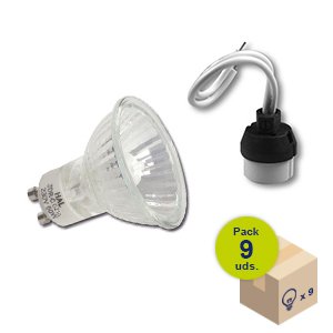 HALOTEC Pack 9 bombillas halogenas dicroicas GU10 regulables 230V 50 Vatios color cálido 2900º K con portalamparas incluidos GU10 Cover