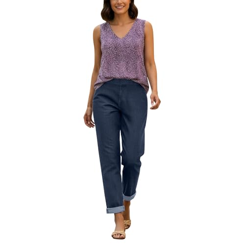 Womens Fake Jeans Pants Straight Leg Elastic Waist Pants Stretch Fashion Trousers with Pockets Blue