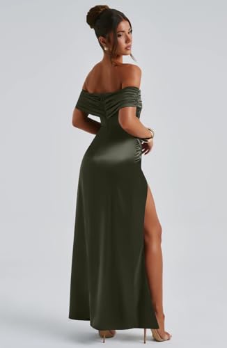 Memoriesea Women\'s Elegant Off Shoulder High Split Bodycon Evening Wedding Maxi Dress Army Green