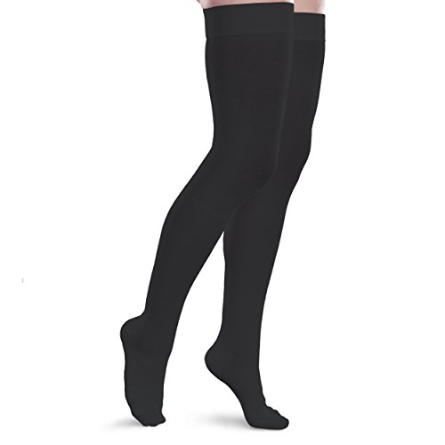 Image of Therafirm Core-Spun 20-30mmHg Moderate Graduated Compression Support Thigh High Socks (Black, Large Long)