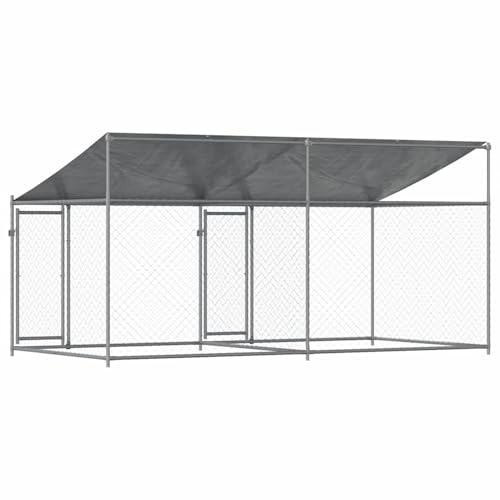 Hundezwinger mit Dach und Türen Grau 4x2x2 m, UV- & Wasserdicht Hundehütte Outdoor Hundehaus für große Hunde Garten, Verzinkter Stahl