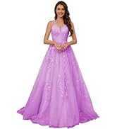 QFMYYXGS Lace Applique Prom Dresses Glitter Tulle Ball Gowns for Women Formal Spaghetti Strap A L...