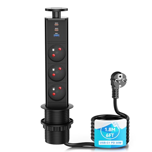 Prise Encastrable Plan de Travail Type E, Multiprise Escamotable 3 Prises Françaises avec USB-C1 PD 30W, USB-C2 15W et USB-A 15W, Bloc Prise de Table Ø60mm,...