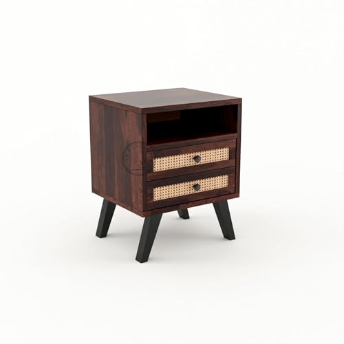 Image of Wooden Bedside Table with 2 Cane Rattan Drawers & Open Shelf | Modern Nightstand for Bedroom (Walnut Finish)