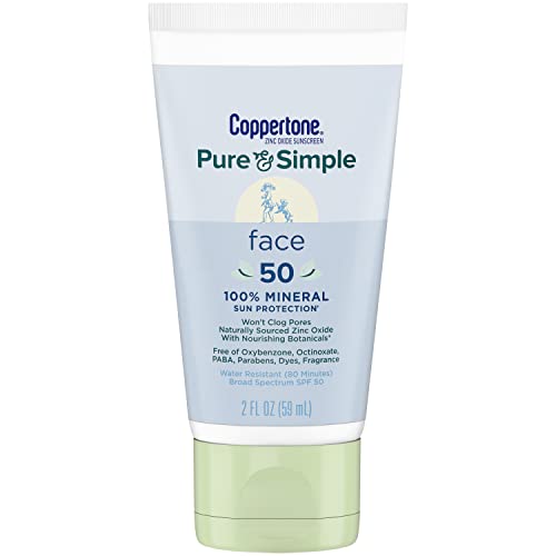 Image of Coppertone Pure & Simple SPF 50 Face Sunscreen Lotion, Water Resistant, Hypoallergenic, Dermatologically Tested, +100% Natural Botanicals, Broad Spectrum UVA /UVB Protection, Travel Size, 2 oz.