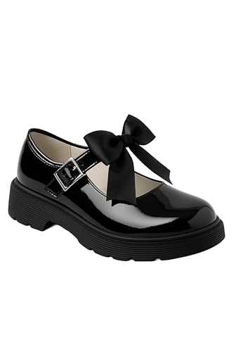 Girls' Black Patent Mary Janes with Satin Bow Ankle Strap Buckle Closure Shoes