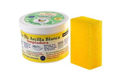 Bio Arcilla Blanca Limpiadora (600 GR), Piedra Blanca Limpieza, Arcilla Blanca Limpieza, Limpiador Hogar Multisuperficies, Esponja de REGALO (incluida dentro del tarro)