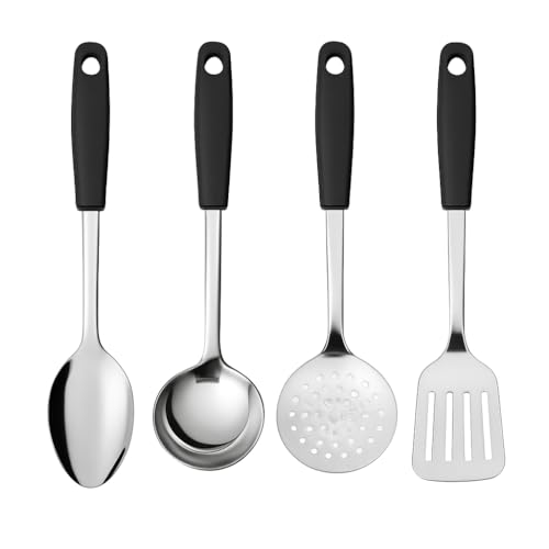 Kit 4 Utensílios Inox 30cm Colher Arroz + Concha Feijão + Escumadeira + Espátula Cabo Preto Ergonômico Resistentes e Duráveis Casa Buritis