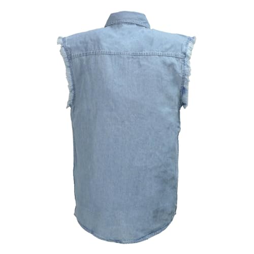 Milwaukee Leather DM1001 Men's Blue Lightweight Denim Shirt with Frayed Cut Off Sleeveless Look4