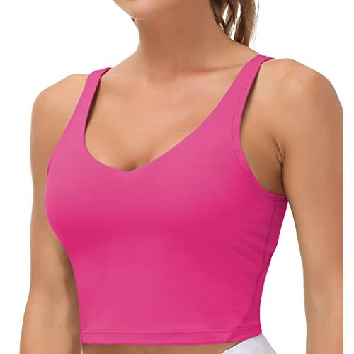 THE GYM PEOPLE Womens' Sports Bra Longline Wirefree Padded with Medium Support Bright Pink Small