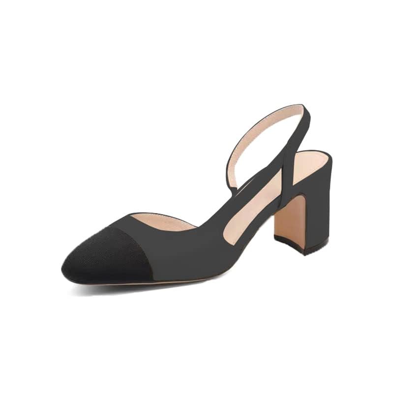JANSEVEN Slingback Shoes For Women Heels Chunky Pumps Block Heel Two Straps Heeled Sandals Almond Cap Toe Pump Splicing Two Tone Dress Office Shoes3