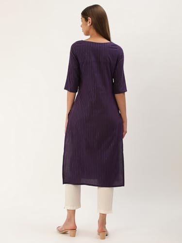 Image of Saanjh Women's Fit Straight Cotton Blend Long Kurta, 3 /4 Sleeve, Knee Length Kurtis, Casual and Office Wear