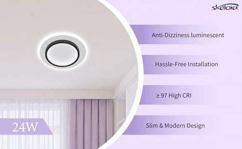 Image of 24W Round LED Ceiling Light | Dual Ring Design | 3 Colour Modes (Warm /Natural /Cool) | Flicker-Free, Anti-Glare | Flush Mount Surface Light for Bedroom, Living Room, Hall, Office (Round Black)