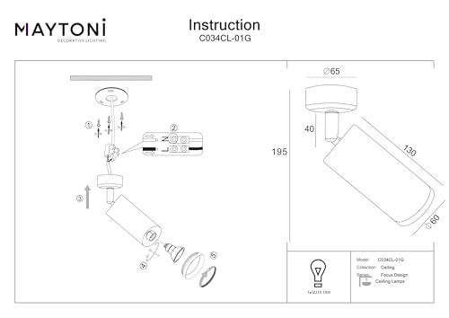 Maytoni Decorative Lighting Lampada Da Soffitto Spot Focus Design Oro Alluminio 1 Lampadina (Non Inclusa) GU10 Per Soggiorno, Cucina, Camera Da Letto, Sala Da Pranzo, Ufficio - 5
